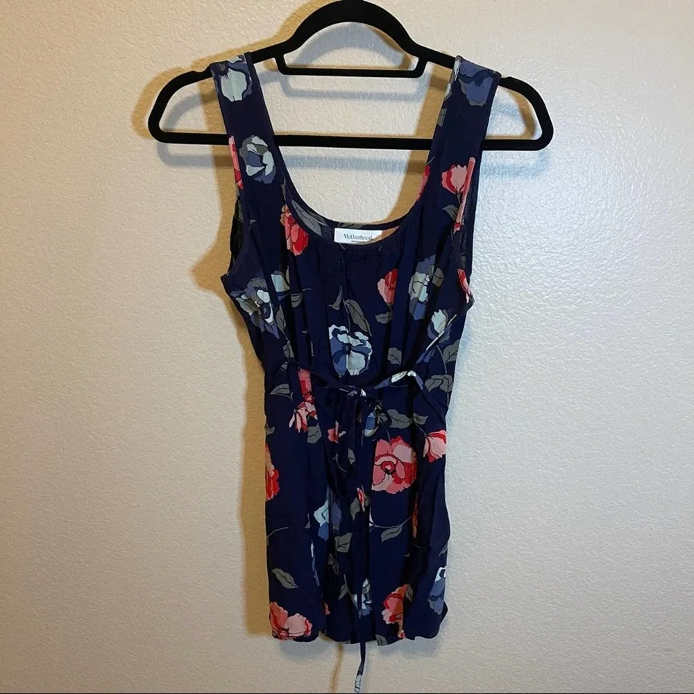 Motherhood Maternity Navy & Pink Floral Printed Babydoll Tie Waist Top Medium - Picture 3 of 9